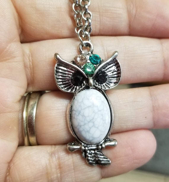 Silver Snow Owl Necklace Stainless Steel Crystal Owl Pendant