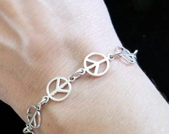 Silver Peace Bracelet, Peace Sign Charm Bracelet, Womens Peace