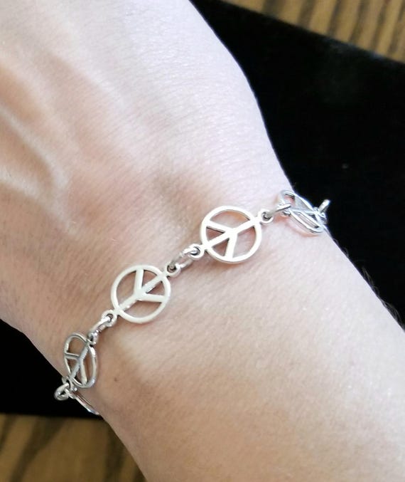 Silver Peace Bracelet, Peace Sign Charm Bracelet, Womens Peace