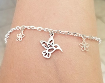 Hummingbird Anklet, Silver Anklet, Hummingbird Jewelry, Hummingbird Flower Anklet, Anklets for Women, Hummingbird Ankle Bracelet, Bird