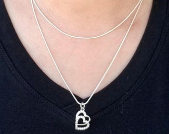 Sterling Silver CZ Heart Double Strand Necklace, Double Heart Pendant Necklace, Interlocking Hearts, Valentine's Day Gift, Layered