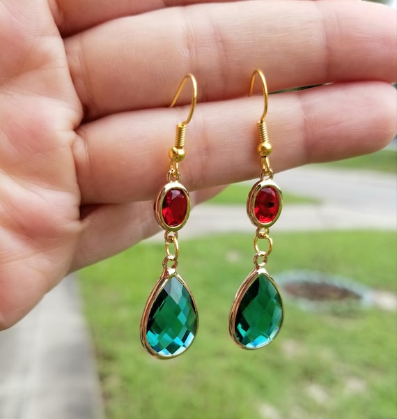 14k Emerald Ruby Earrings, 14k Gold Dangle Earrings, Teardrop