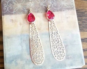 14k Gold Ruby Dangle Earrings, Tear Drop Earrings, Long Gold Dangle Earrings, Womens Earrings, Ruby Earrings, Ruby Red Crystal Earrings