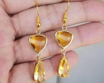14k Gold Citrine Teardrop Dangle Earrings: November Birthstone Earrings, Citrine Drop Earrings, Citrine Jewelry