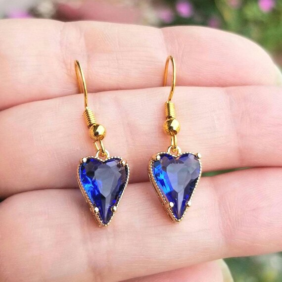 14k Gold Blue Sapphire Earrings, Heart Shaped Sapphire Earrings