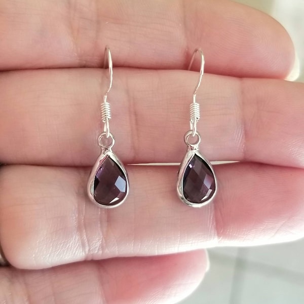 Sterling Silver Amethyst Dangle Earrings, Teardrop Amethyst Earrings, Minimalist