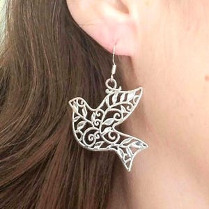 Silver Dove Earrings, Large Dove Earrings, Filigree Earrings, Peace Dove, Doves, Religious, Peace, Bridal Jewelry, Wedding, Bird Earrings
