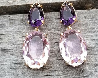 14k Gold Amethyst & Pink Tourmaline Double Drop Stud Earrings