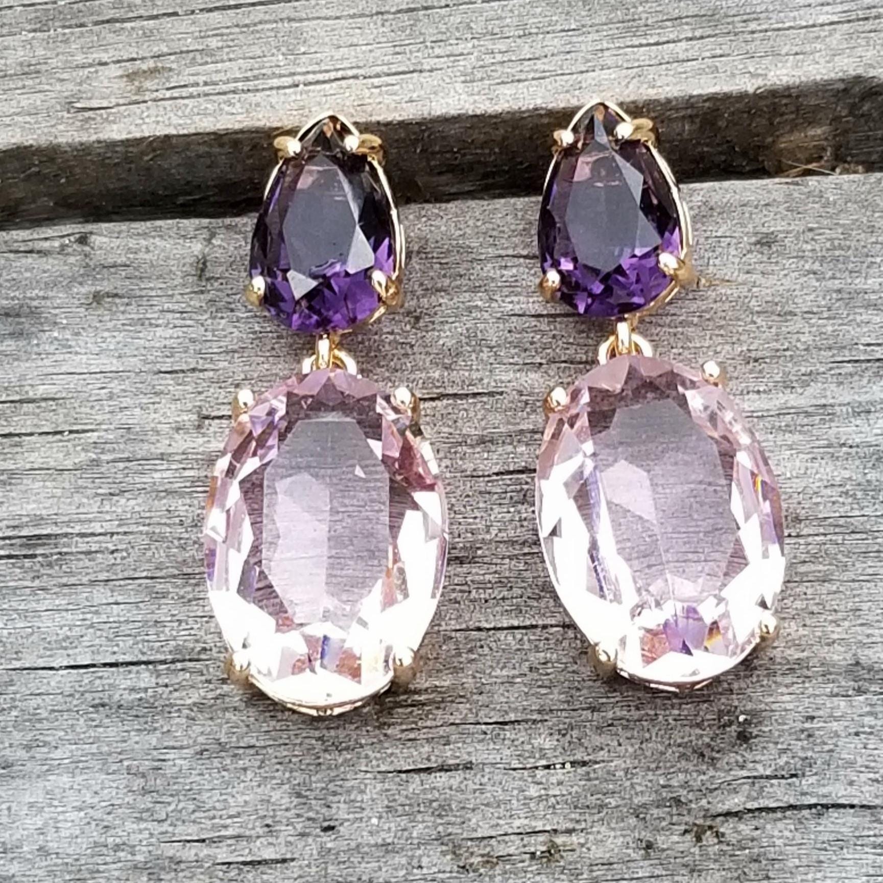 14k Gold Amethyst & Pink Tourmaline Double Drop Stud Earrings