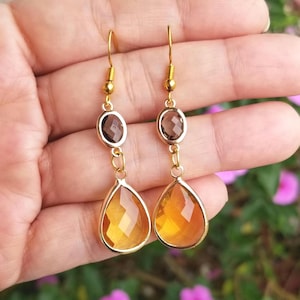 14k Gold Citrine Earrings, Citrine & Smoky Quartz Earrings, Citrine Dangle Earrings, Yellow and Brown Gemstone Earrings, November Birthstone