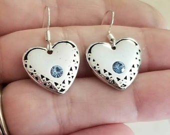 Sterlingzilveren hartoorbellen, zilveren hangoorbellen, sterlingzilveren oorbellen, hartsieraden, hartoorbellen, vrouw cadeau, cadeaus voor haar