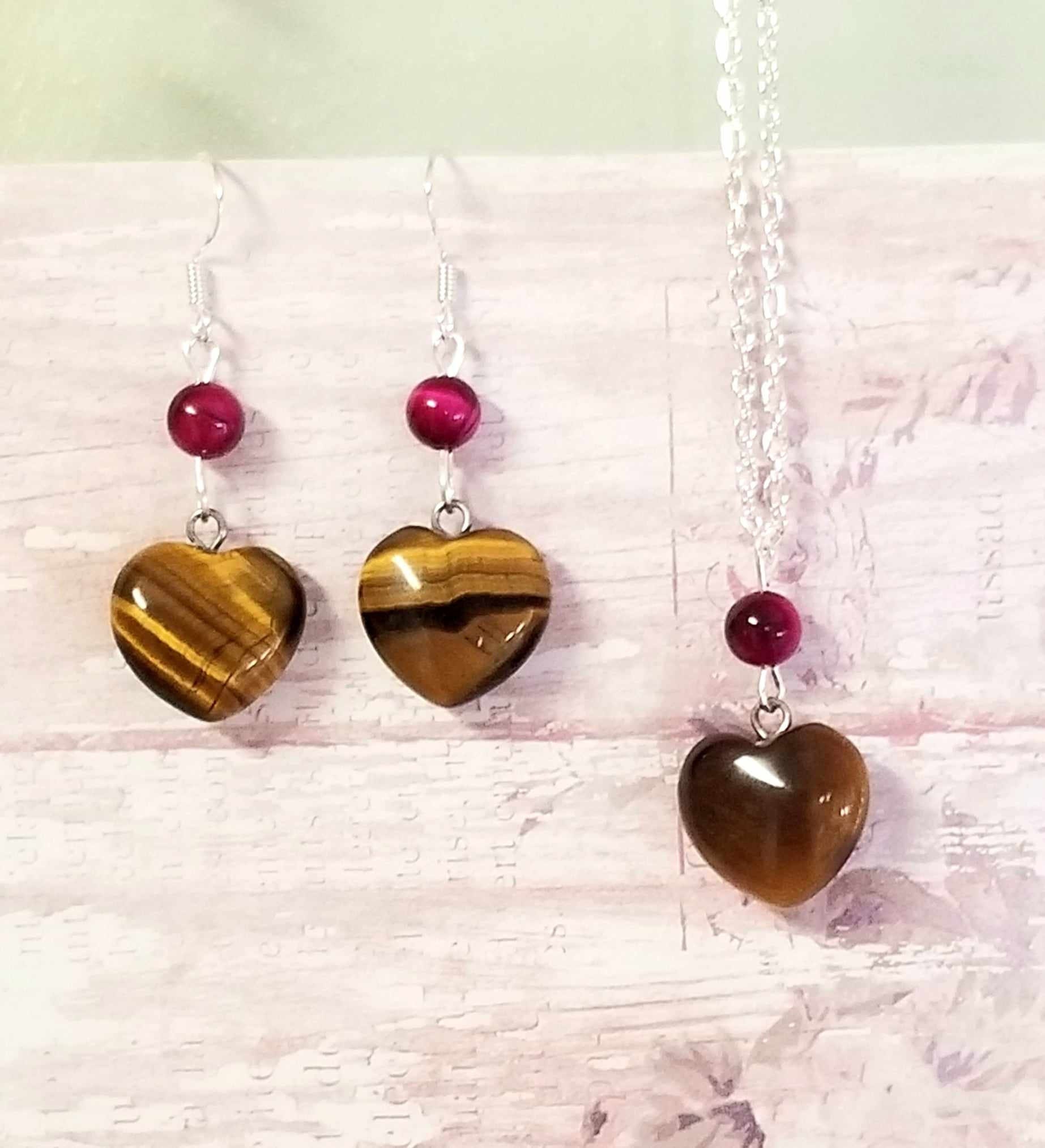 Tigers Eye Necklace, Tigers Eye Earrings, Jewelry Set, Heart Necklace, Red TIgers Eye, Tigers Eye Pendant, Gifts for Her, Tigers Eye Jewelry