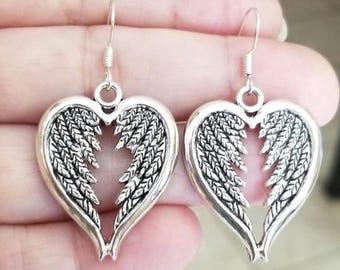 Heart Shaped Angel Wing Dangle Earrings, Guardian Angel, Religious Jewelry, Angel Wings Jewelry, Gothic, In Memory, Angel Earrings