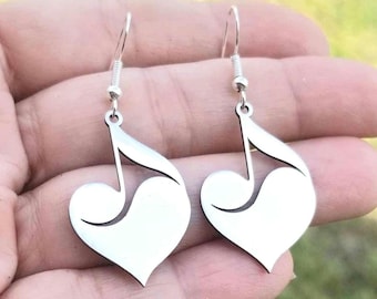 Pendientes de plata con nota musical, pendientes de corchea, regalo para músicos, regalo para amantes de la música, joyería musical, corchea, Steve Perry, corazón con nota musical