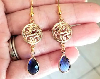 14k Gold Blue Sapphire Earrings, Sapphire Tear Drop Earrings, Sapphire Earrings, Gold Earrings, Sapphire Jewelry, September Birthstone