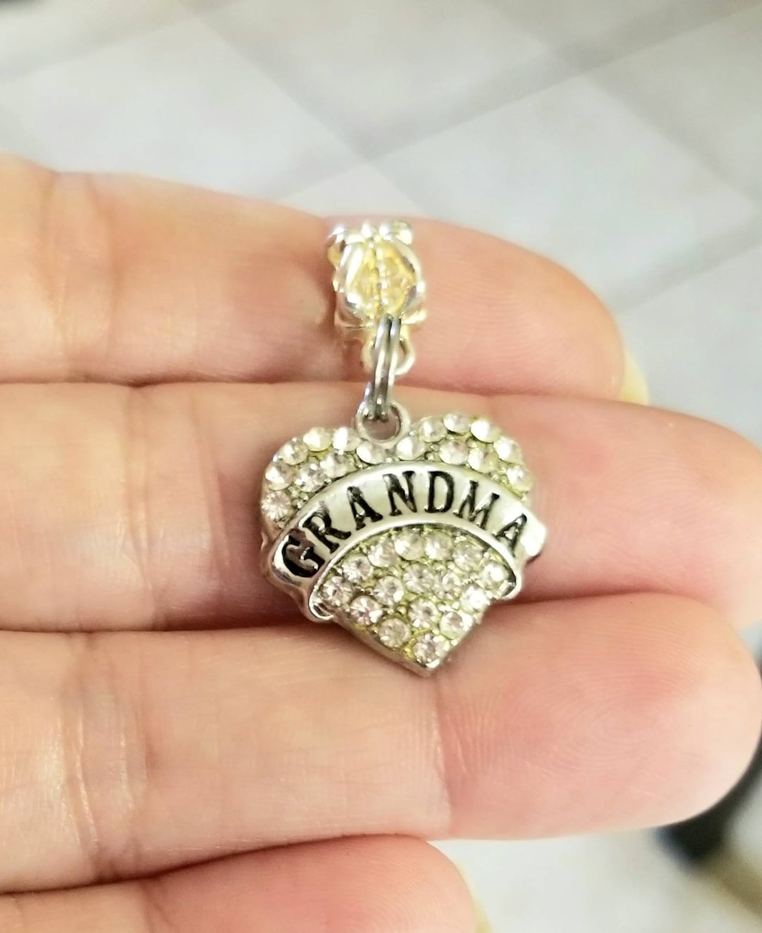Silver Grandma Charm, Grandma Gift, Crystal Heart Charm, Grandma Charm