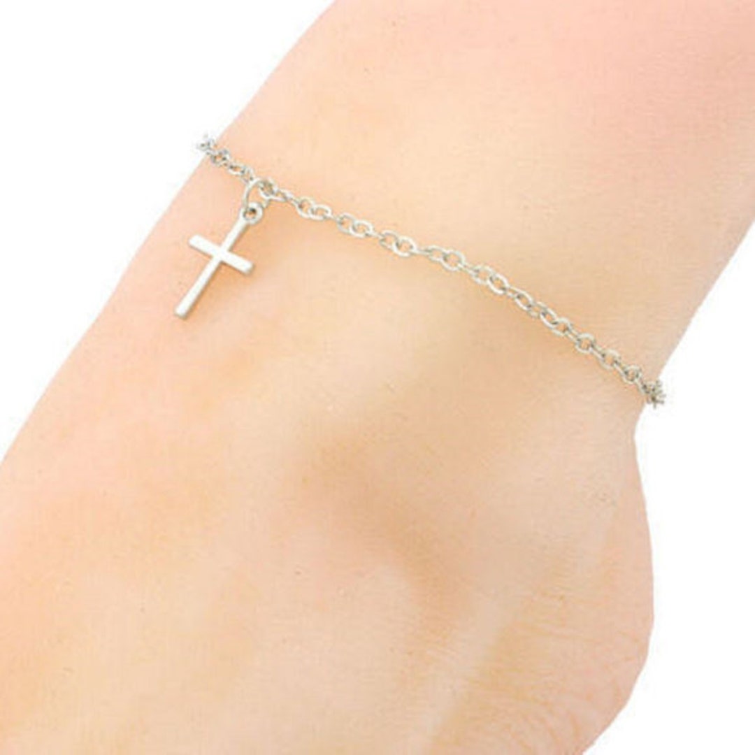 Silver Cross Anklet, Cross Ankle Bracelet, Crucifix Anklet, Cross