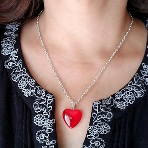 Red Glass Heart Necklace, Red Heart Necklace, Red Heart Pendant, Heart Necklace, Ruby Red Heart, Glass Puffy Heart Necklace, Gifts for Her