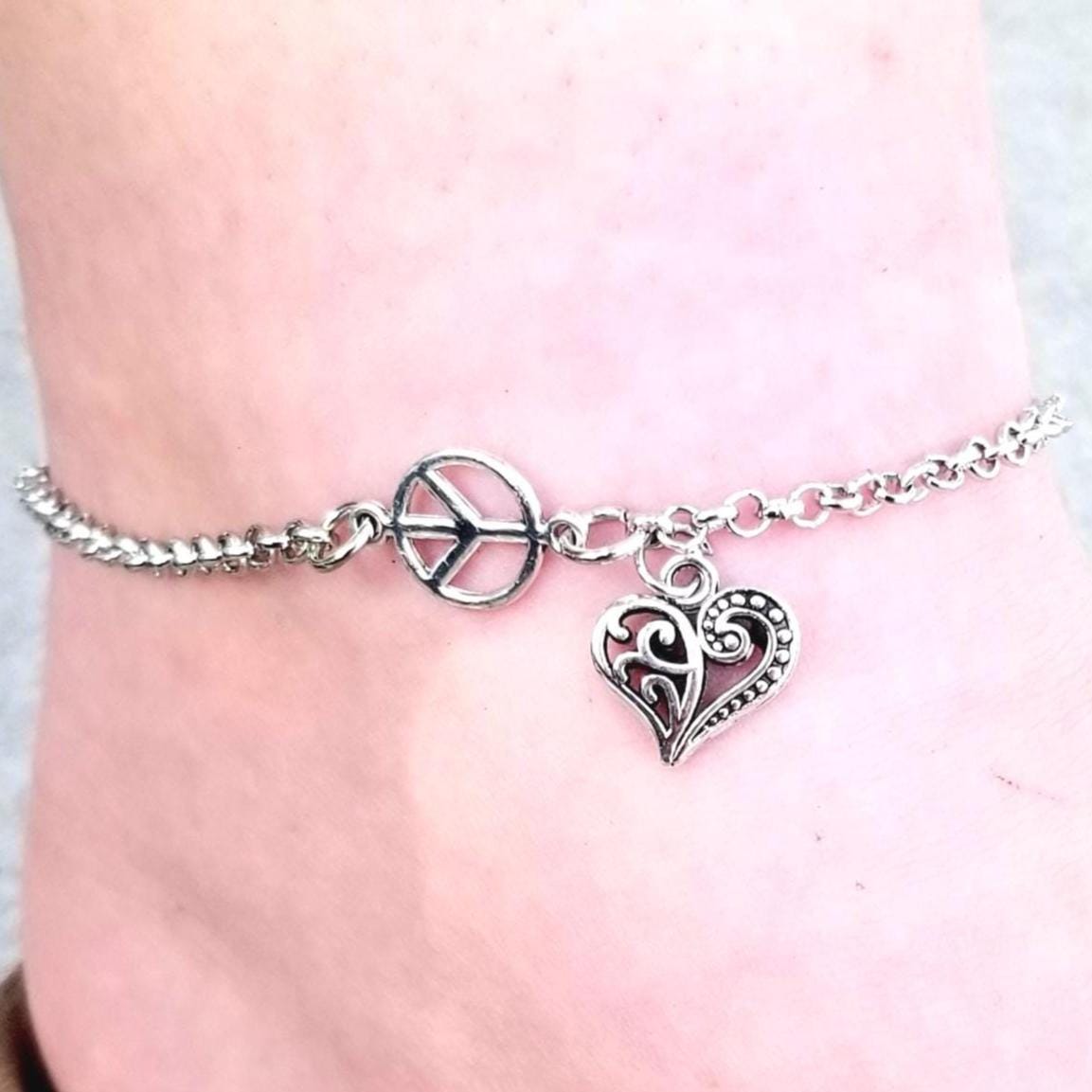 Stainless Steel Peace & Love Anklet, Peace Sign Anklet, Peace Charm Anklet, Heart Charm Anklet, Hippie, 70's Theme Jewelry