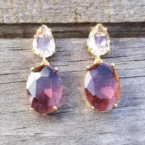 14k Gold Smoky Amethyst & Pink Tourmaline Double Drop Stud Earrings, Large Oval Amethyst Dangle, Pink and Purple Gemstones