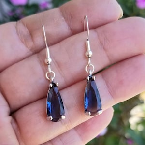Sterling Silver Blue Sapphire Earrings, Indigo Blue Sapphire, Blue Sapphire Dangle Earrings, Blue Gemstone Earrings, Indigo Sapphire Jewelry