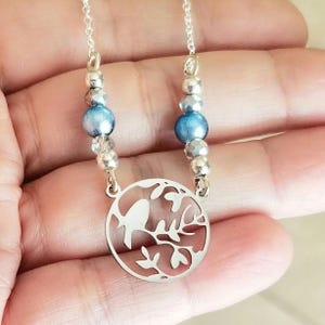 Bohemian Necklace, Silver Bird Necklace, Bird and Tree, Boho Jewelry, Beaded Bird Necklace, Bird Pendant, Bird Lover Gift, Gift for Her
