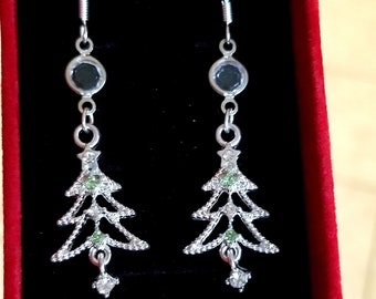 Sterling Silver Christmas Tree Earrings, Crystal Christmas Tree Earrings, Christmas Jewelry, Christmas Earrings, Christmas Tree Dangle