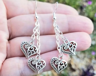 Silver Filigree Heart Dangle Earrings, Double Heart Earrings, Heart Jewelry, Heart Jewelry Set, Silver Heart Earrings, Heart Necklace