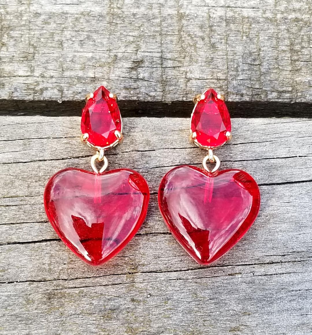 14k Gold Ruby & Red Glass Heart Stud Earrings, Large Red Heart Dangle ...