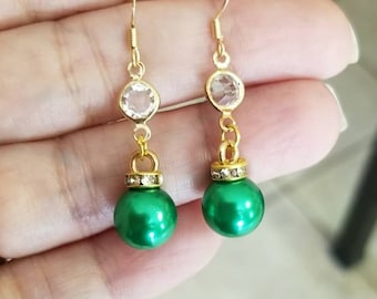 14k Gold Christmas Earrings, Christmas Ornament Earrings, Green Christmas Earrings, Christmas Jewelry, Holiday Earrings, Christmas Dangle