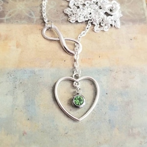 Personalized Birthstone Necklace, Heart Necklace, Birthstone Necklace, Birthstone, Infinity, Lariat Necklace, Gifts for Her, Birthday Gift