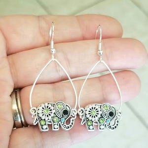 Crystal Elephant Dangle Earrings: Sterling Silver Hooks, Boho Jewelry