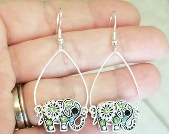 Crystal Elephant Dangle Earrings: Sterling Silver Hooks, Boho Jewelry