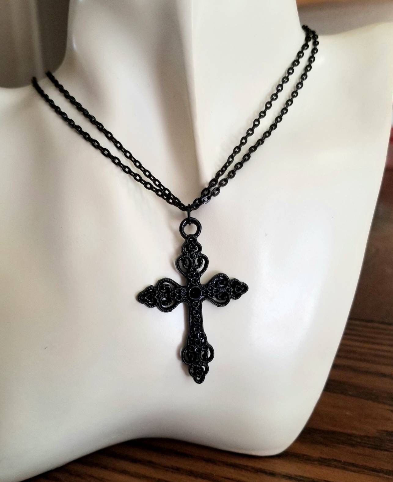 Black Cross Double Chain Choker: Stainless Steel Gothic Necklace