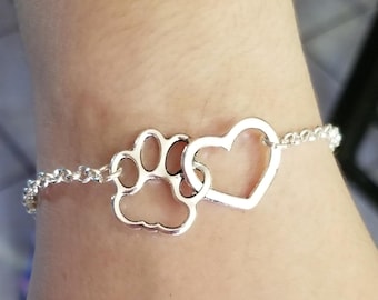 Open Heart and Paw Print Bracelet, Silver Paw Print Bracelet, Dog Lover Gift, Dog Paw Bracelet, Cat Paw Bracelet, Cat Lover Gift, Bracelet