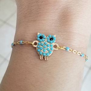 Owl Bracelet, Gold Owl Bracelet, Owl Jewelry, Bohemian, Turquoise Owl, Turquoise Beaded Bracelet, Womens Bracelet, Gift for Her, Owls, Birds