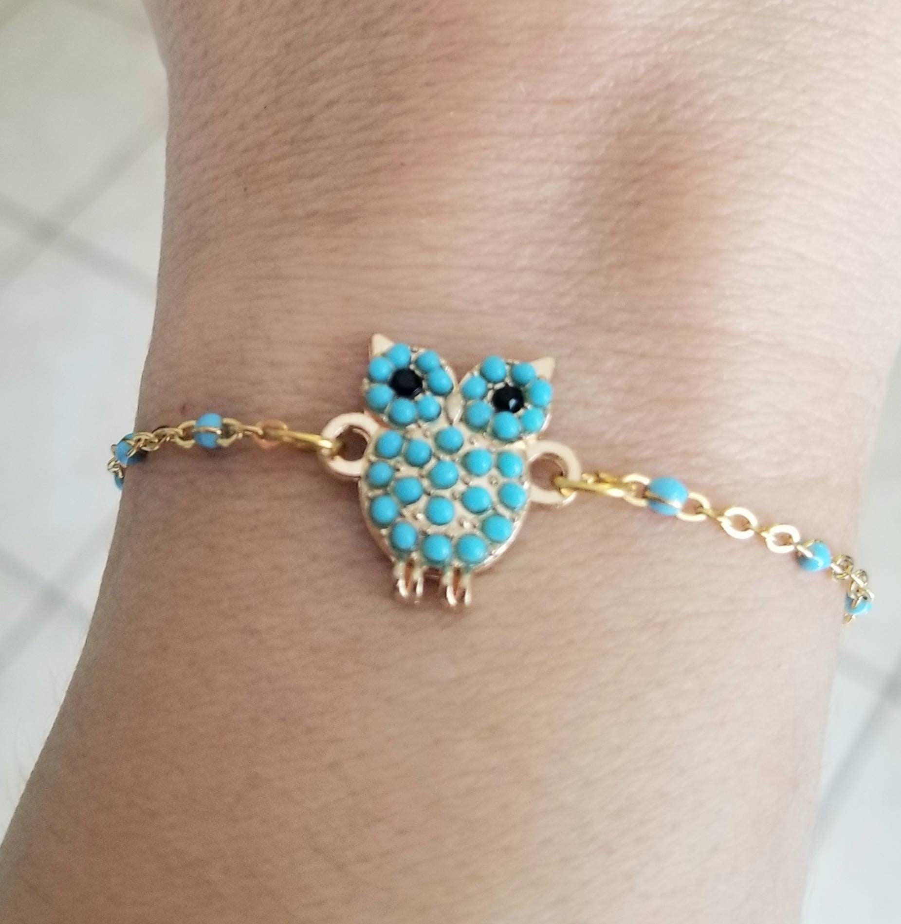 Owl Bracelet, Gold Owl Bracelet, Owl Jewelry, Bohemian, Turquoise Owl, Turquoise Beaded Bracelet, Wo