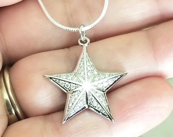 Puede incluir: Un collar de plata con un colgante en forma de estrella. La estrella está incrustada con pequeños cristales transparentes.