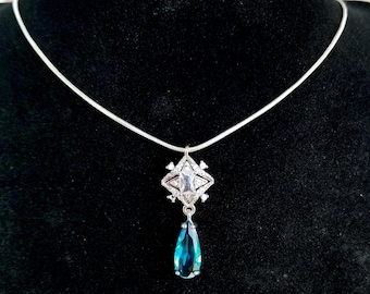 Sterling Silver Blue Topaz Necklace, Art Deco Blue Topaz Necklace, Blue Topaz Pendant Necklace, Blue Topaz Jewelry Set, Light Blue Gemstone
