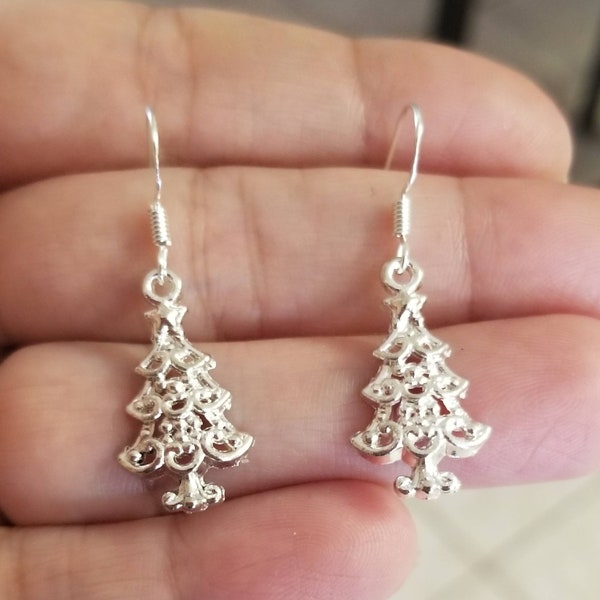 Sterling Silver Christmas Tree Earrings, Silver Earrings, Christmas Jewelry, Christmas Earrings, Gifts for Her, Dangle Earrings, Handmade