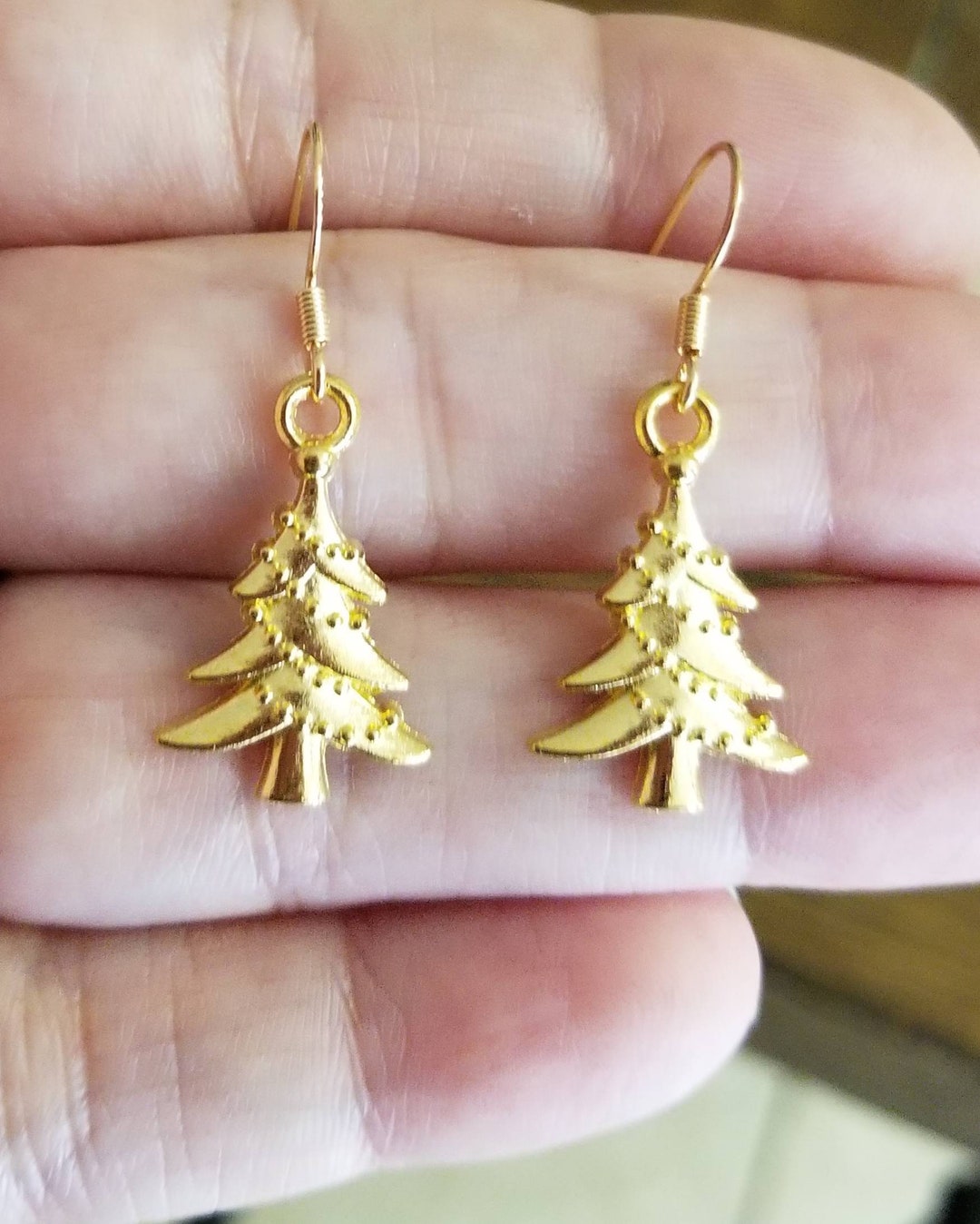 14k Gold Christmas Tree Earrings, Dangle Earrings, Womens Christmas