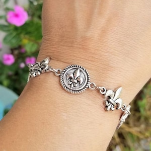 Fleur-de-Lis Bracelet, Silver Bracelet, Fleur de Lis Jewelry, France, Paris, Womens Bracelet, Fleur-de-Lis Charm Bracelet, Gifts for Her