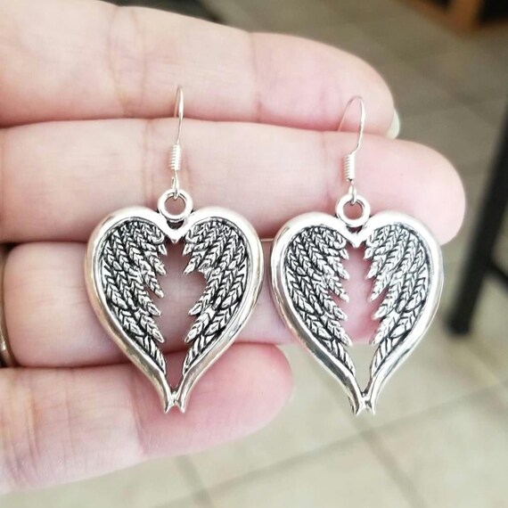 Angel Wings Winged Heart Silver Dangle Earrings – Tibetan Silver, Hook Closure, Handmade, Mother's Day Gift