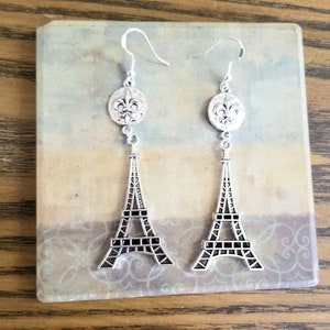 Silver Eiffel Tower Earrings, Long Dangle Earrings, Fleur de Lis Earrings, Eiffel Tower Jewelry, Paris, France, Paris Theme, Womens Earrings