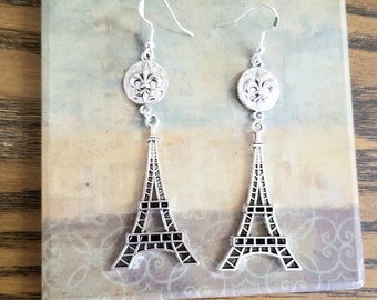 Silver Eiffel Tower Earrings, Long Dangle Earrings, Fleur de Lis Earrings, Eiffel Tower Jewelry, Paris, France, Paris Theme, Womens Earrings