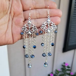 Silver Fleur de Lis Earrings, Crystal Fleur de Lis Earrings, Long Fleur de Lis Dangle Earrings, Fleur de Lis Jewelry, Blue Crystal Earrings