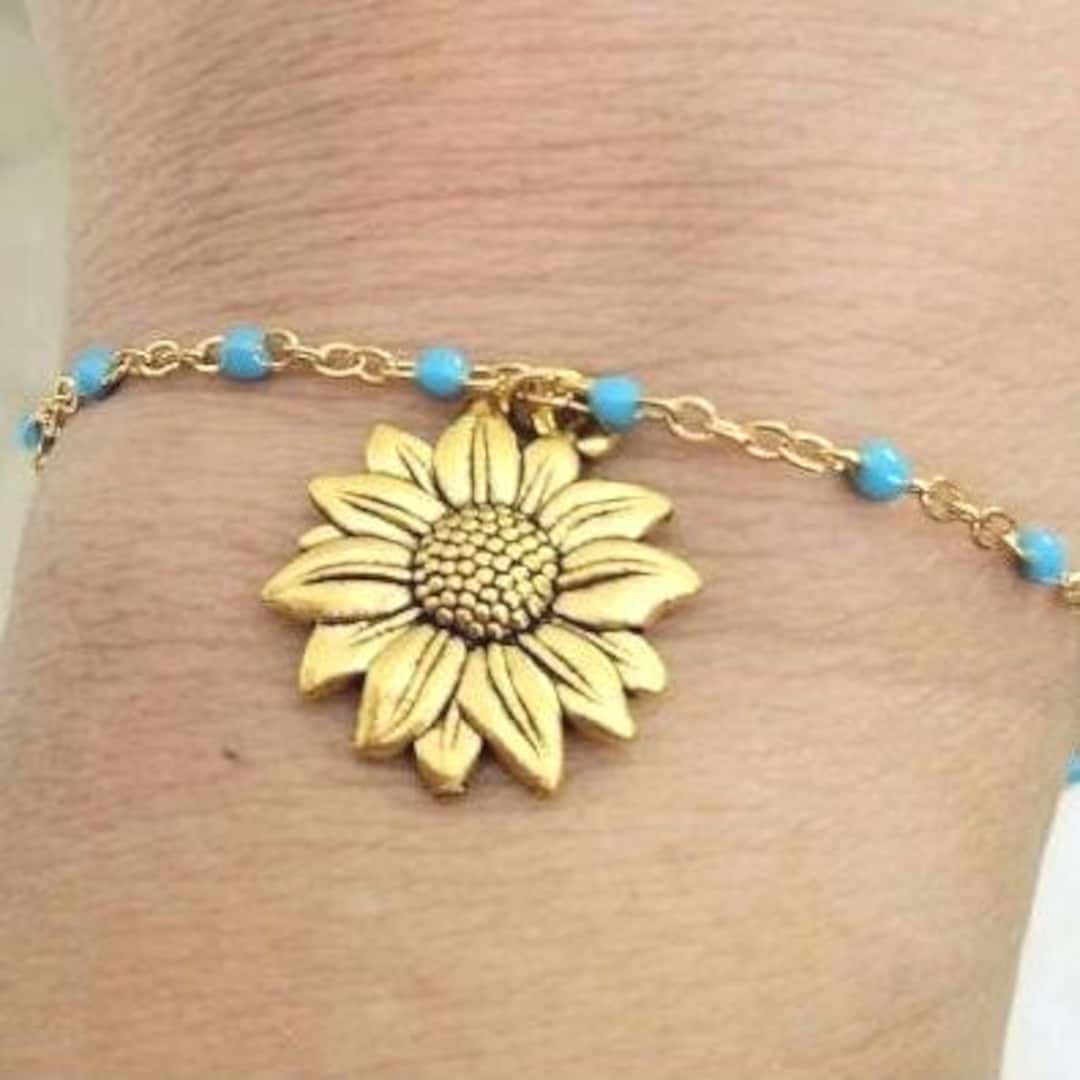 Gold Sunflower Anklet, Beaded Chain Anklet, Turquoise Bead