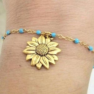 Gold Sunflower Anklet, Beaded Chain Anklet, Turquoise Bead Anklet, Sunflower Jewelry, Sunflowers, Country Theme, Sunflower Anklet, Flowers