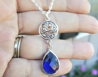 Colar de safira, colar de safira de prata, colar com pingente de lágrima de safira, joias de safira de prata, pedra de nascimento de setembro, safiras