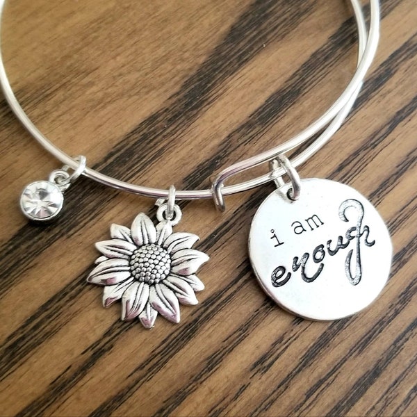 I Am Enough Bracelet, Encouragement Gift, Affirmation, Motivational Gift, Inspirational, Gifts for Her, Sunflower Charm, Sunflowers, Faith
